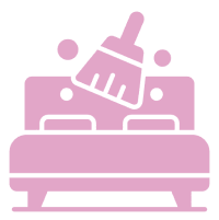 Pink icon of a bed with a broom sweeping above it, indicating cleaning or housekeeping services for bedrooms.