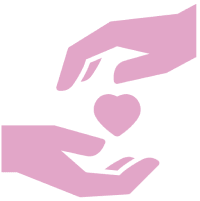 Two pink hands, one above the other, with a heart shape between them on a green background.