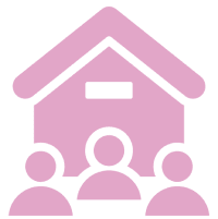 Pink icon showing three people in front of a house with a rectangular sign above the door.