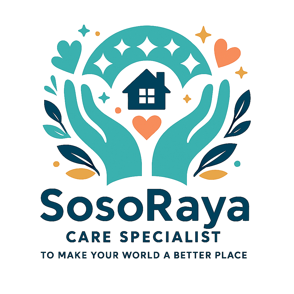 Logo of SosoRaya Care Specialist with caring hands and a house.