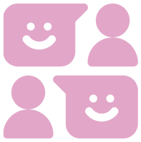 Two smiling chat bubbles and two user icons in pink.