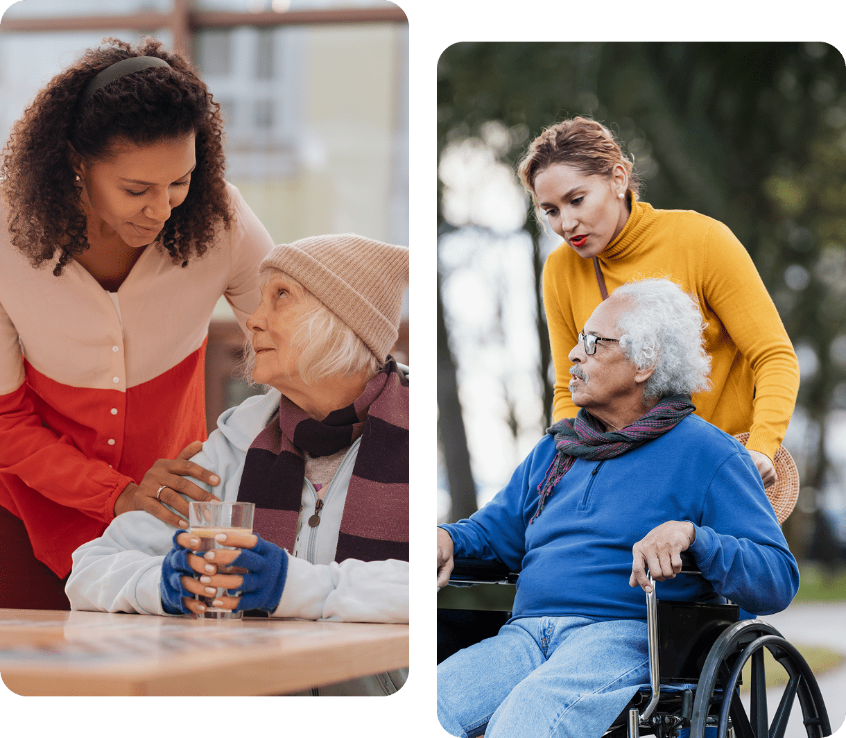 A young woman assisting an elderly woman with a wheelchair and a drink.