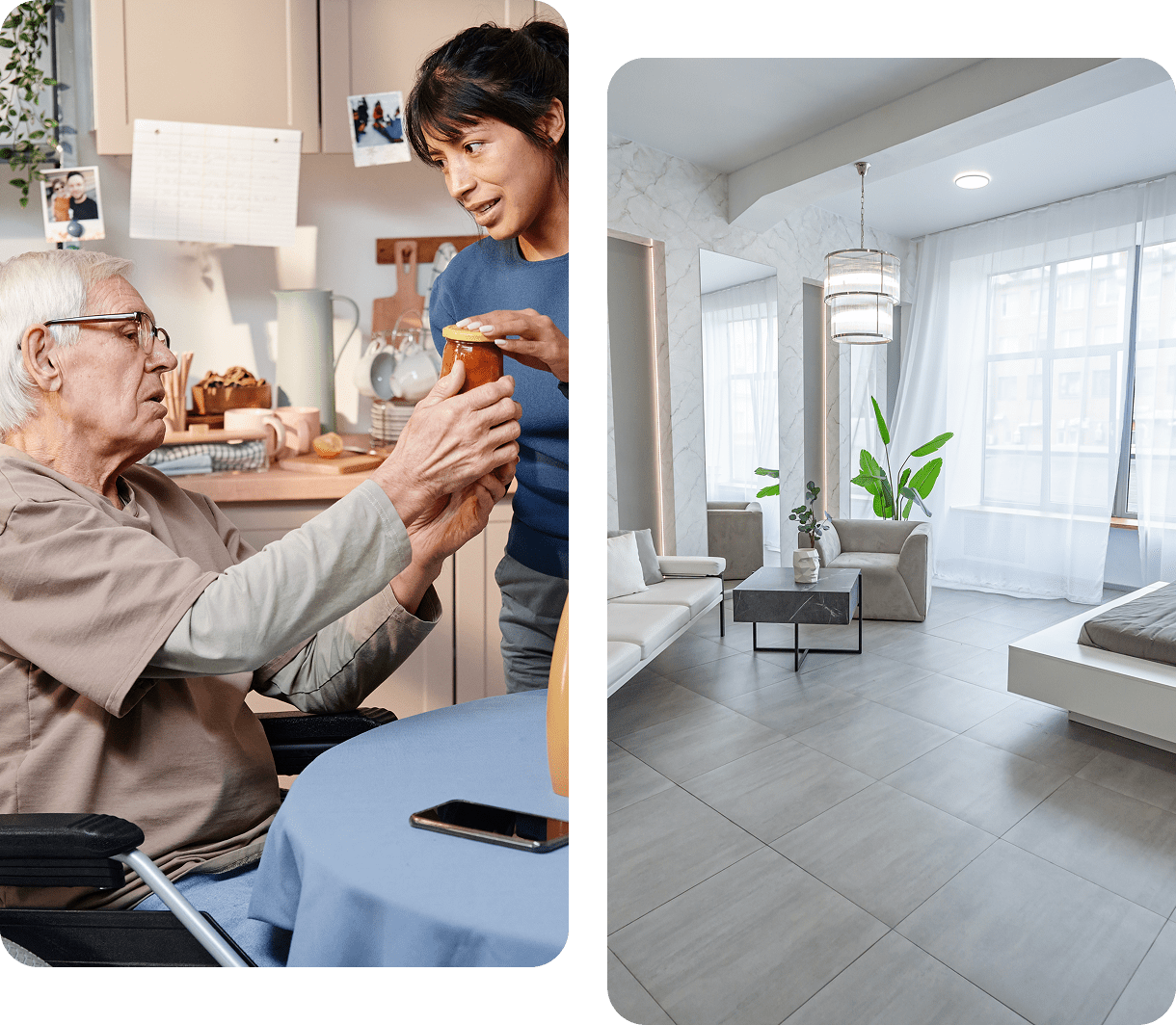 A nurse assisting an elderly patient in a wheelchair during a meal.